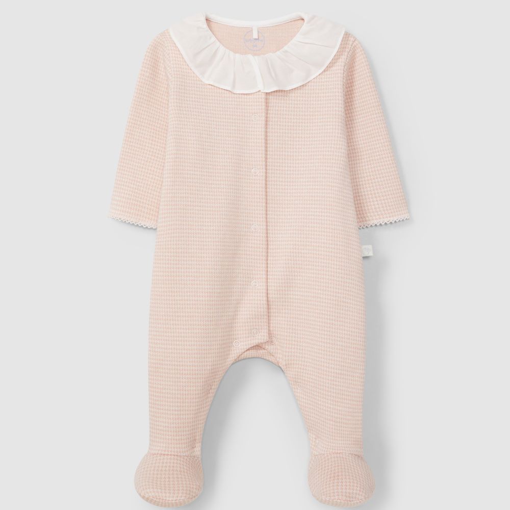 Babygrow em malha jacquard de pied-de-poule com gola de folho - Laranjinha