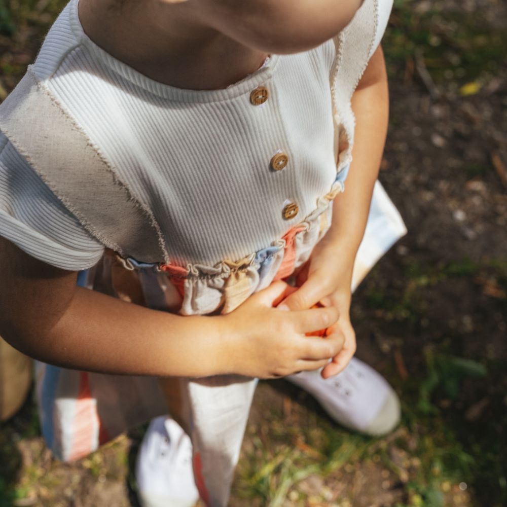 Vestido malha canelada e tecido de riscas - Laranjinha