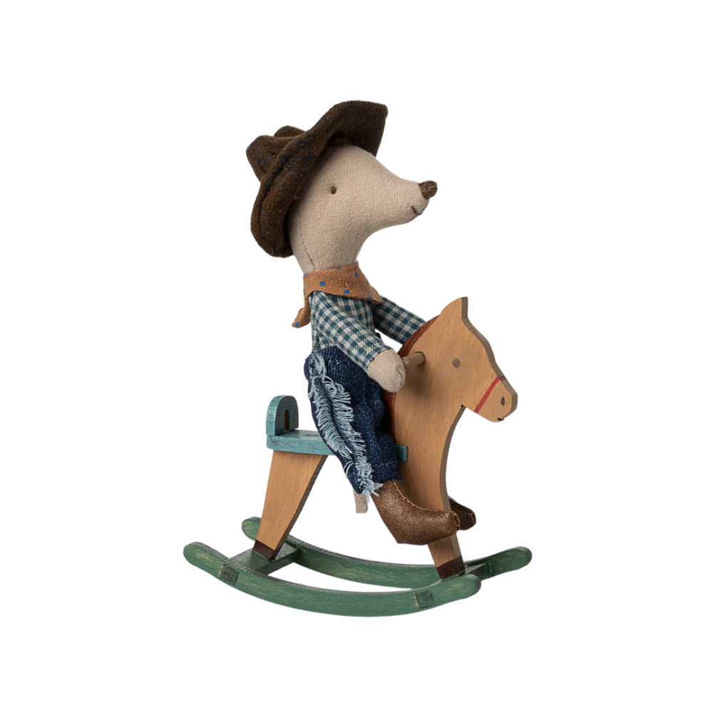 Cowboy mouse on rocking horse, Little brother - Maileg