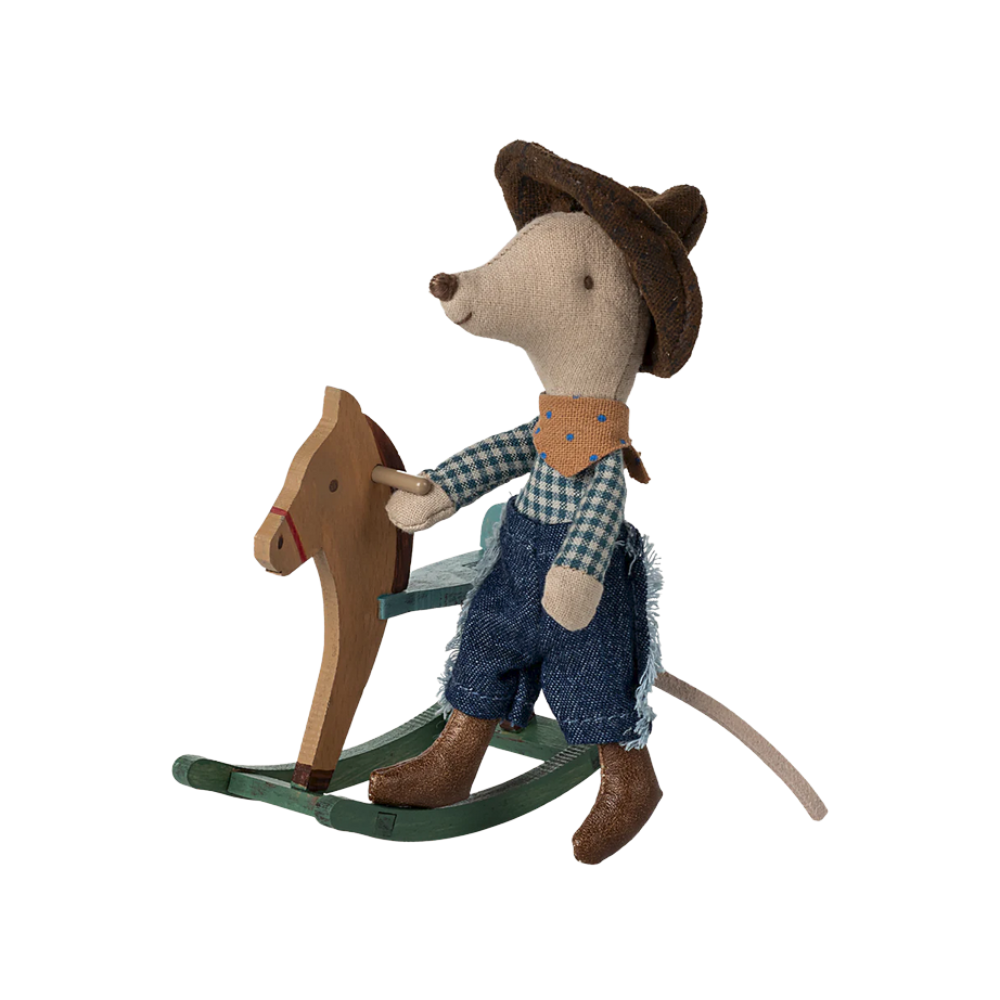 Cowboy mouse on rocking horse, Little brother - Maileg