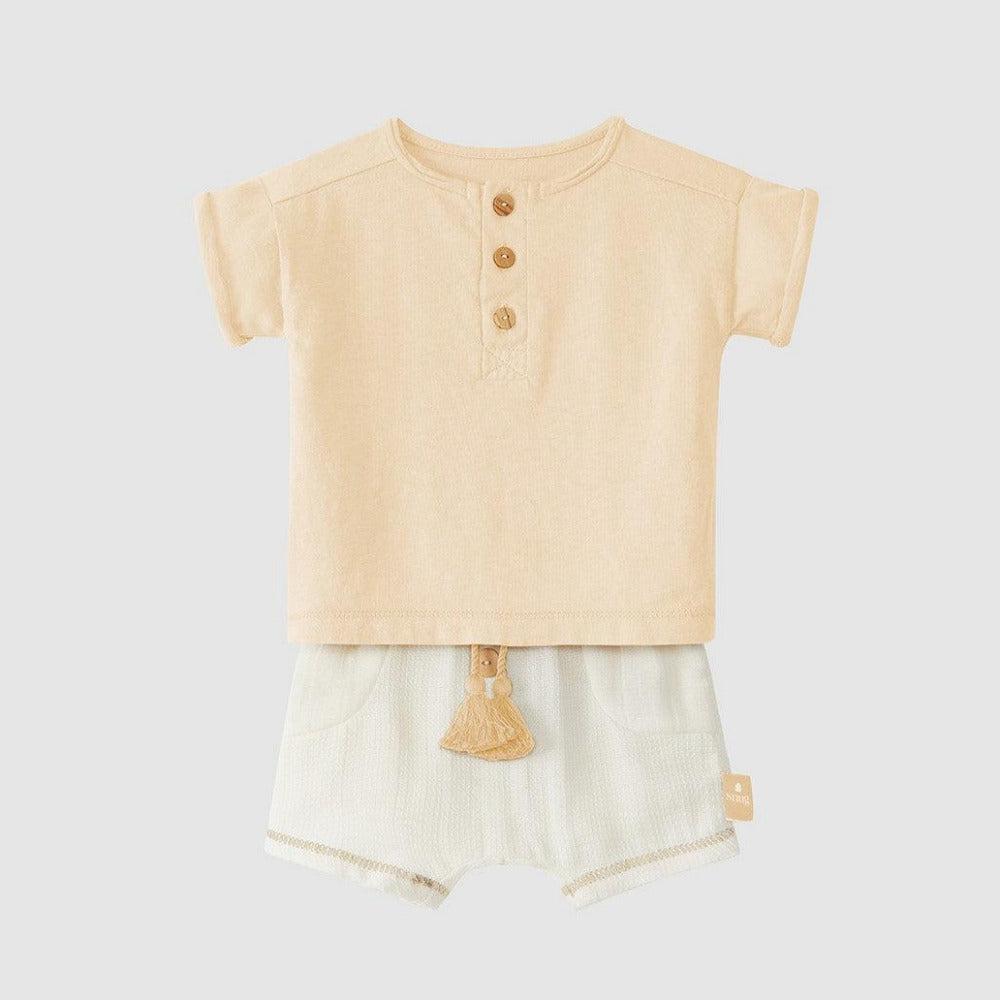 Kit calções musseline texturada e t-shirt - chuvadeamor