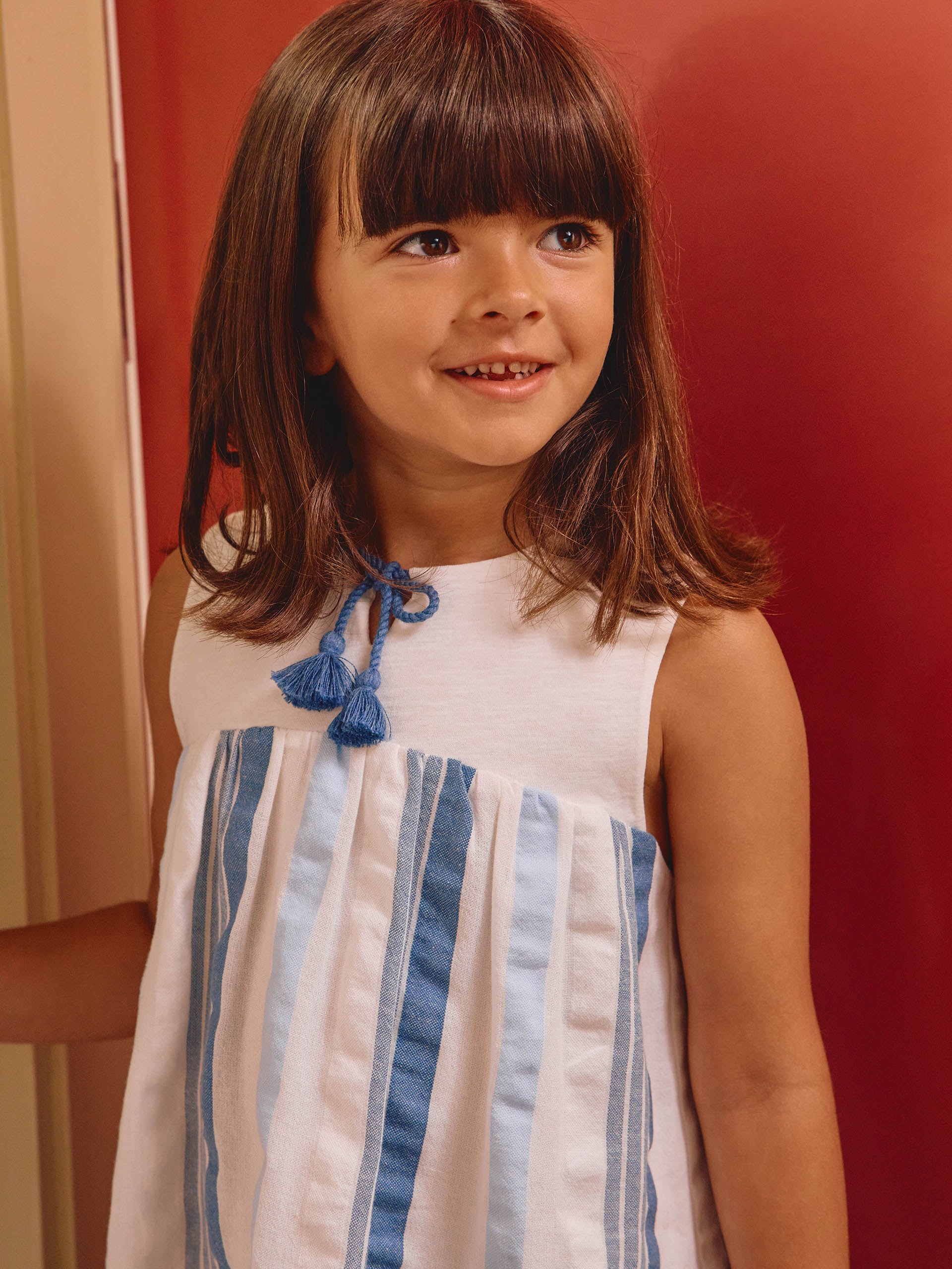 Vestido em tecido texturado de riscas - Laranjinha