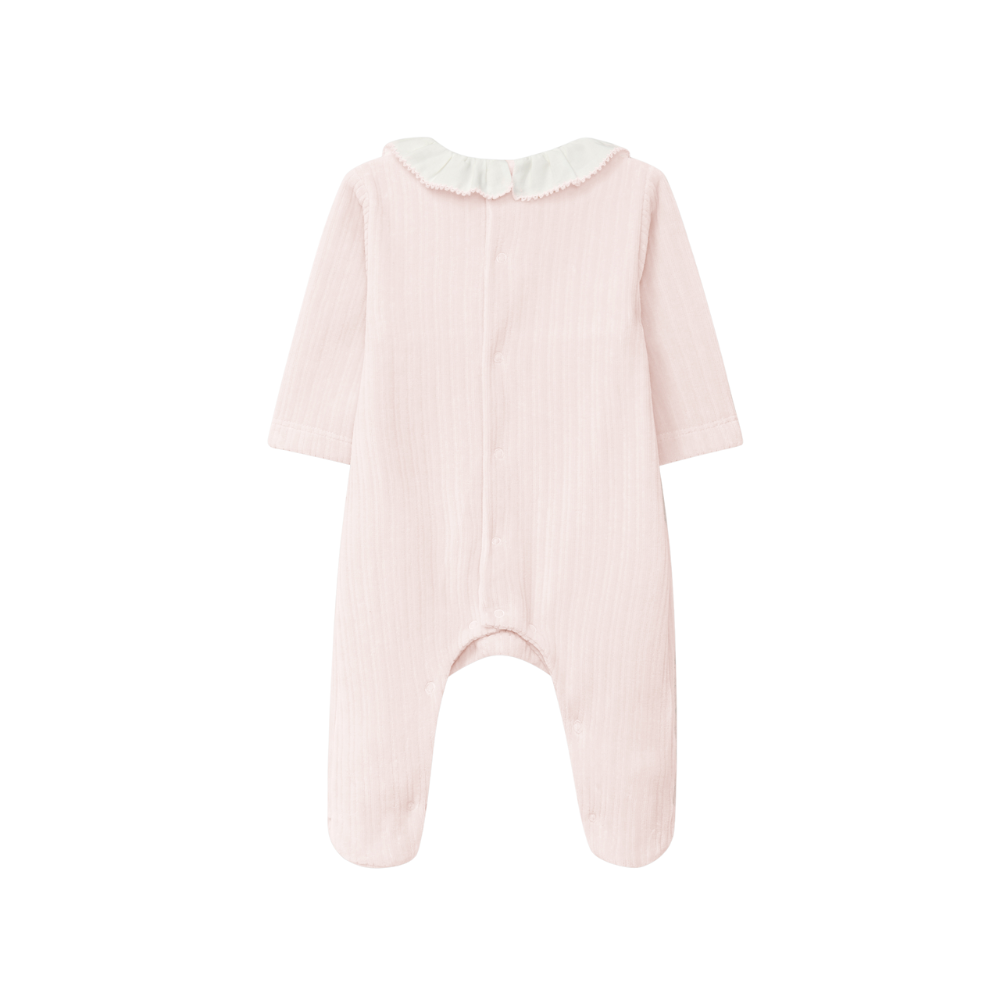 Babygrow em veludo canelado com gola de folho e detalhe bordado - Laranjinha