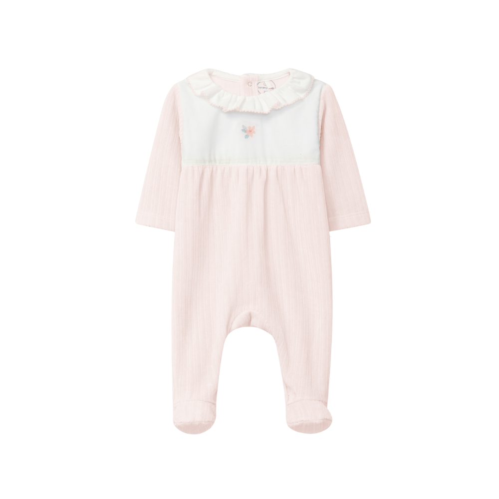 Babygrow em veludo canelado com gola de folho e detalhe bordado - Laranjinha