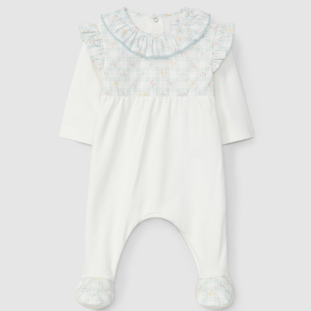 Babygrow gola de folho quadricula e flores - Laranjinha