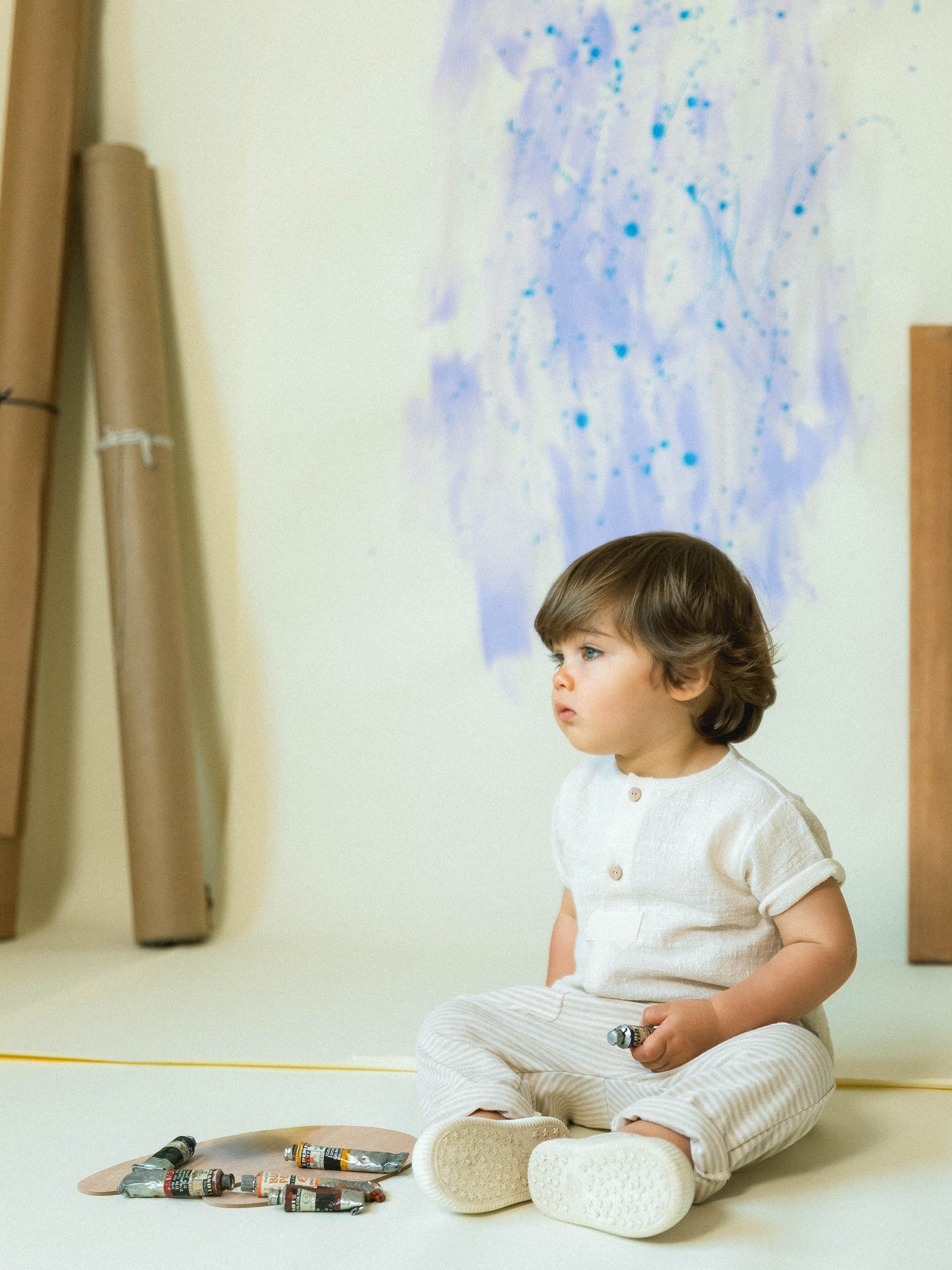 Calças pull-up de riscas em algodão Natural - Snug