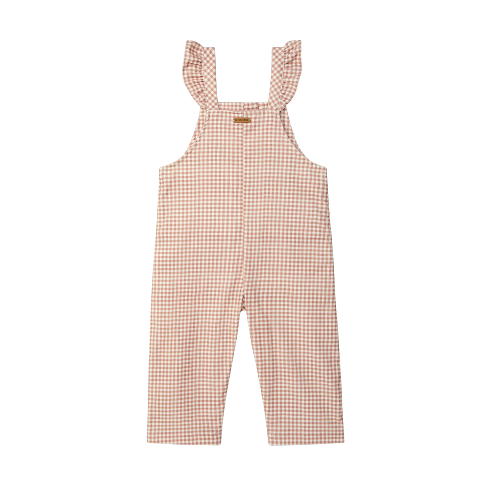 Jardineiras xadrez vichy e detalhe de folho - Laranjinha