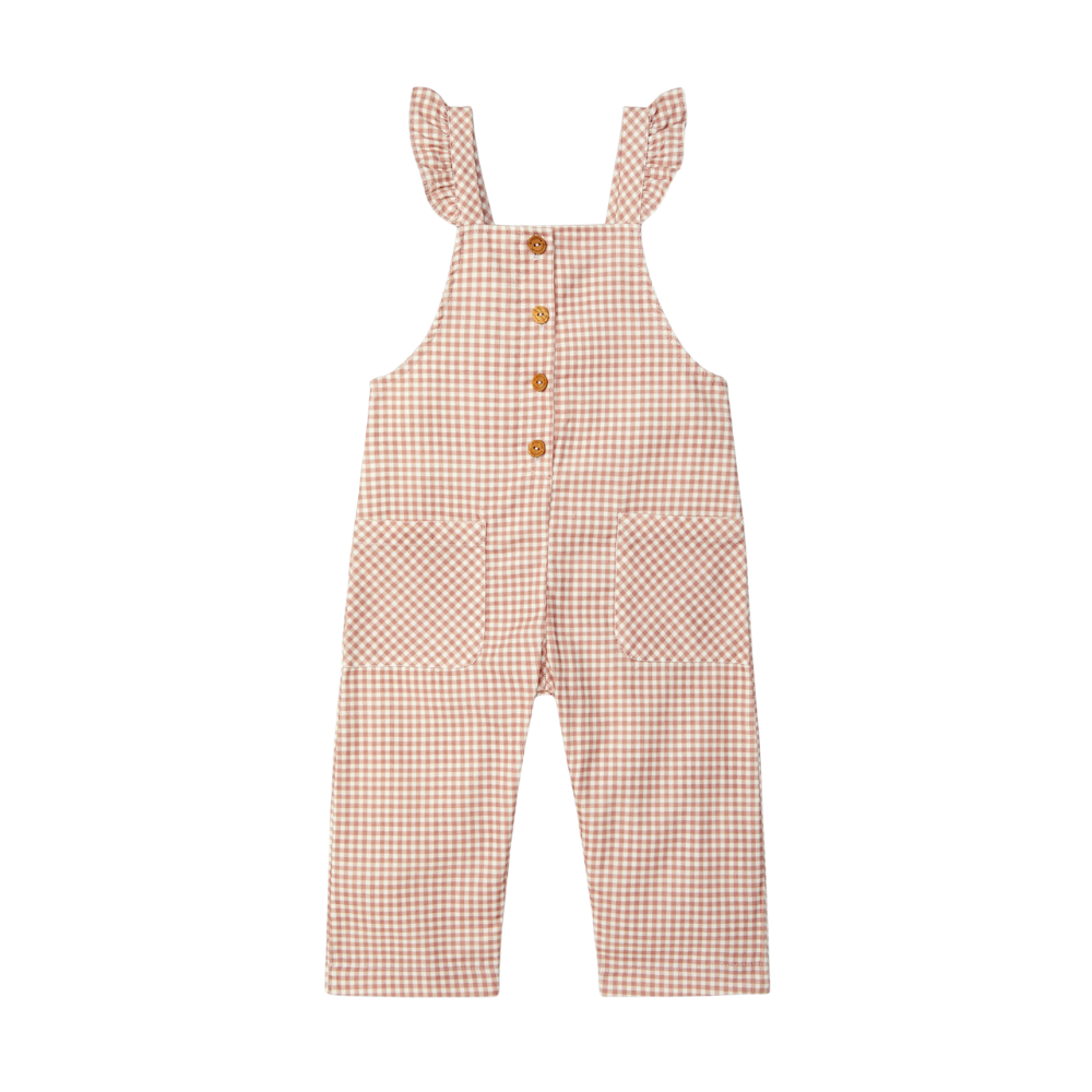 Jardineiras xadrez vichy e detalhe de folho - Laranjinha