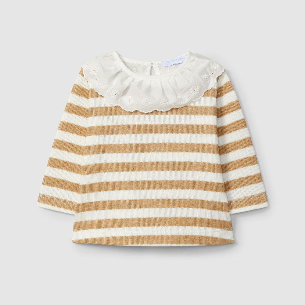 Longsleeve de riscas com gola de folho bordado - Laranjinha