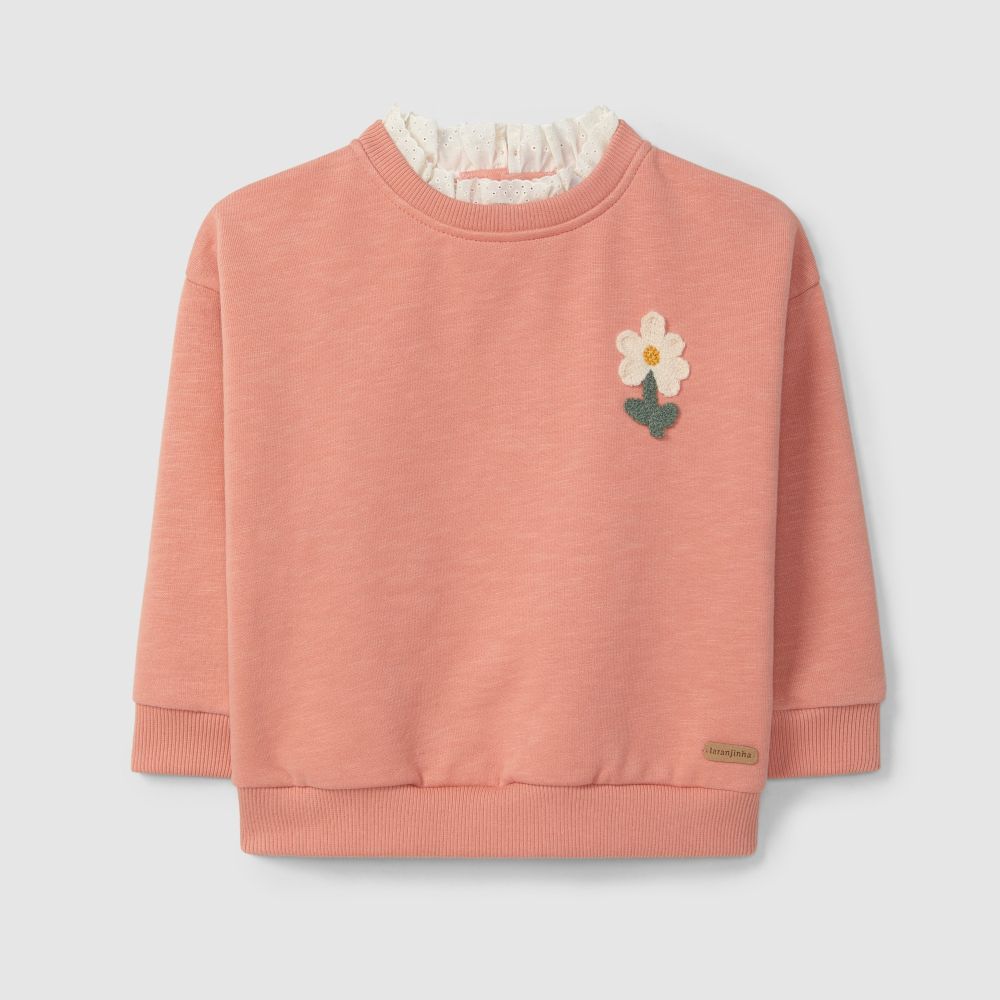 Sweatshirt flor e detalhe de bordado inglês - Laranjinha