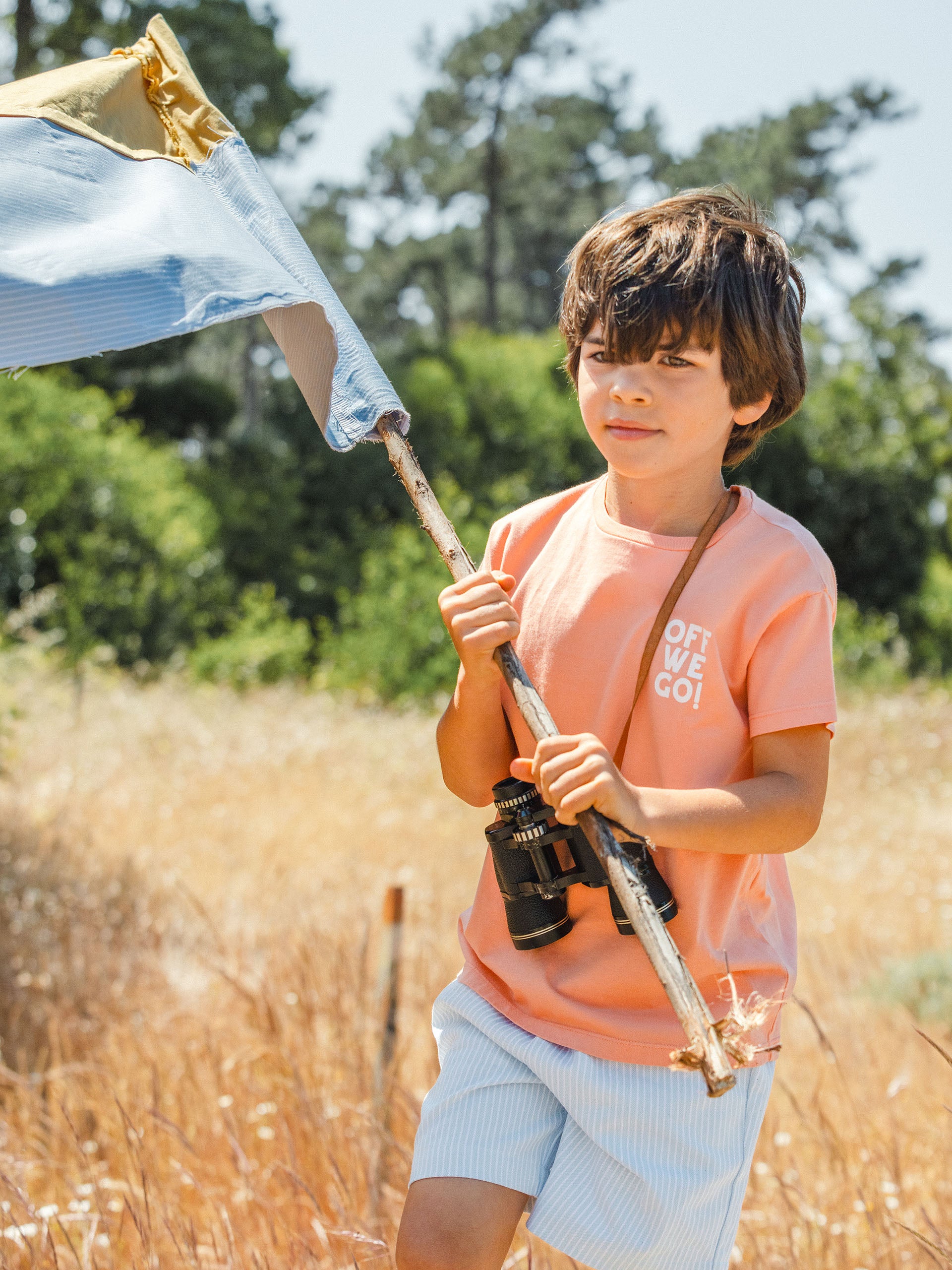 Calções pull-up tecido denim de riscas com três bolsos - Laranjinha
