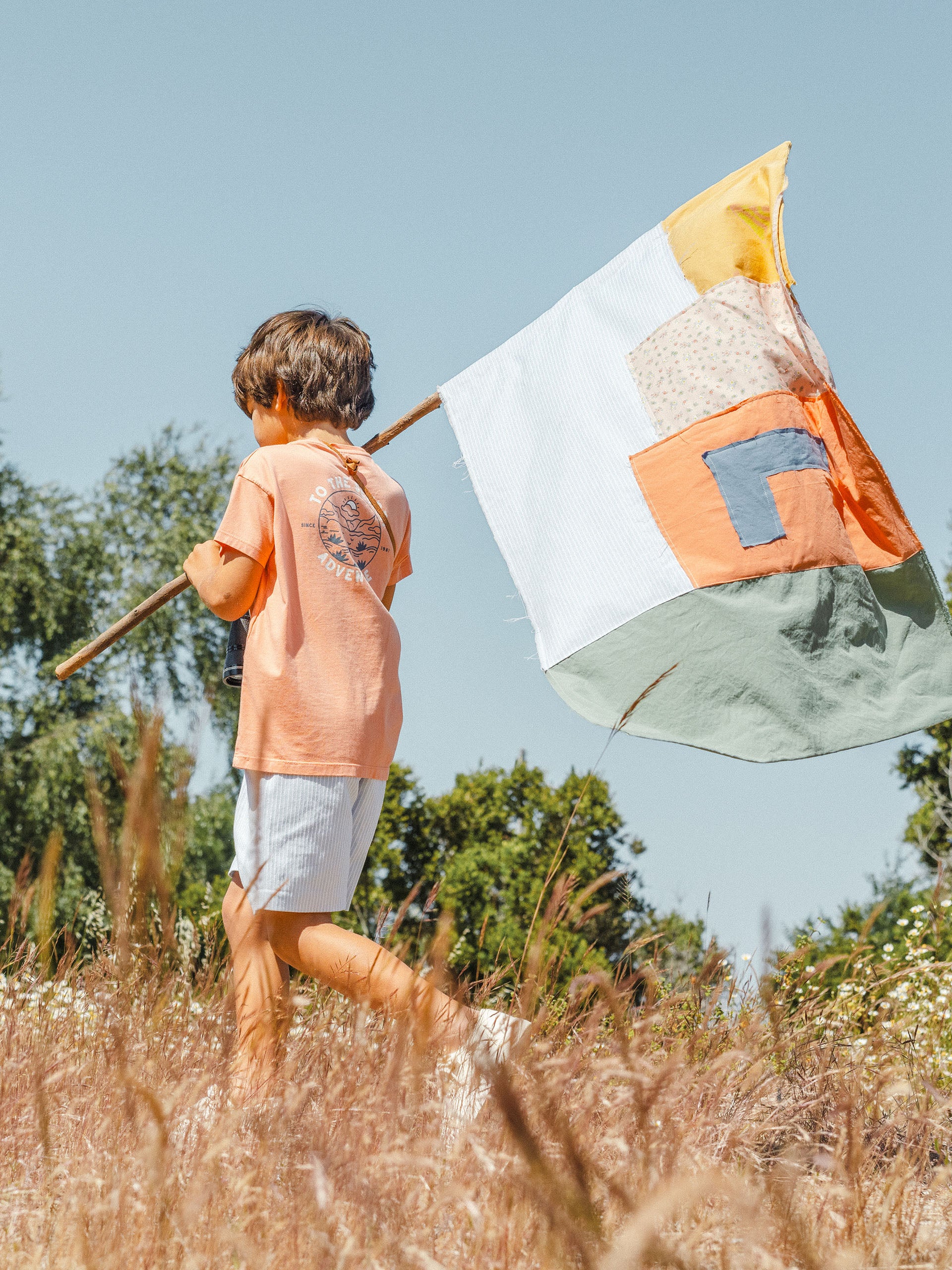 Calções pull-up tecido denim de riscas com três bolsos - Laranjinha