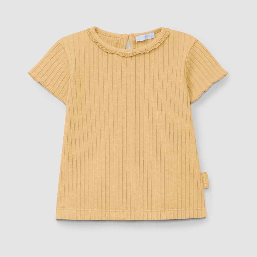 T-shirt em malha canelada com detalhe de renda - Laranjinha