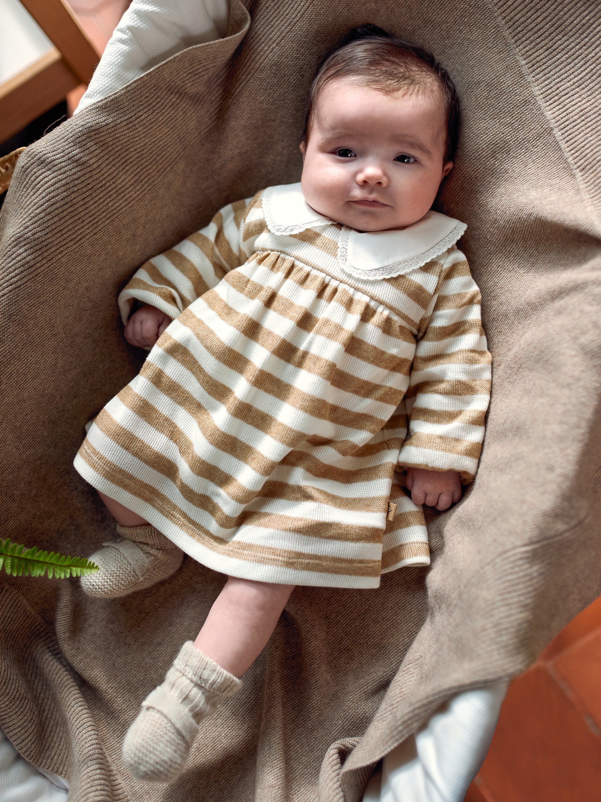 Vestido de riscas com gola detalhe de renda - Laranjinha