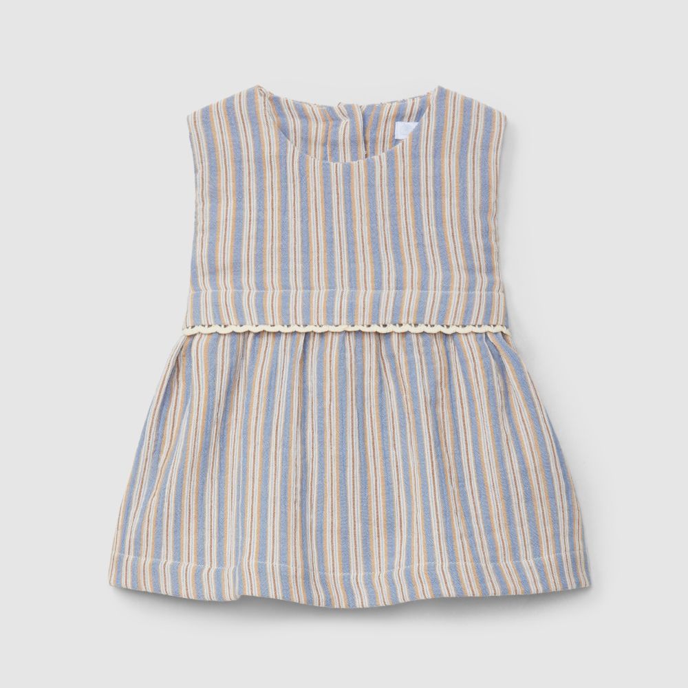 Vestido de riscas multicolor com aplicação de renda - Laranjinha