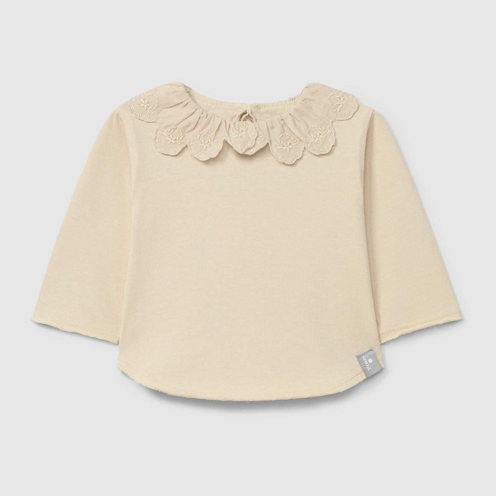 Longsleeve com gola de folho bordado inglês em algodão orgânico | Bege - SNUG