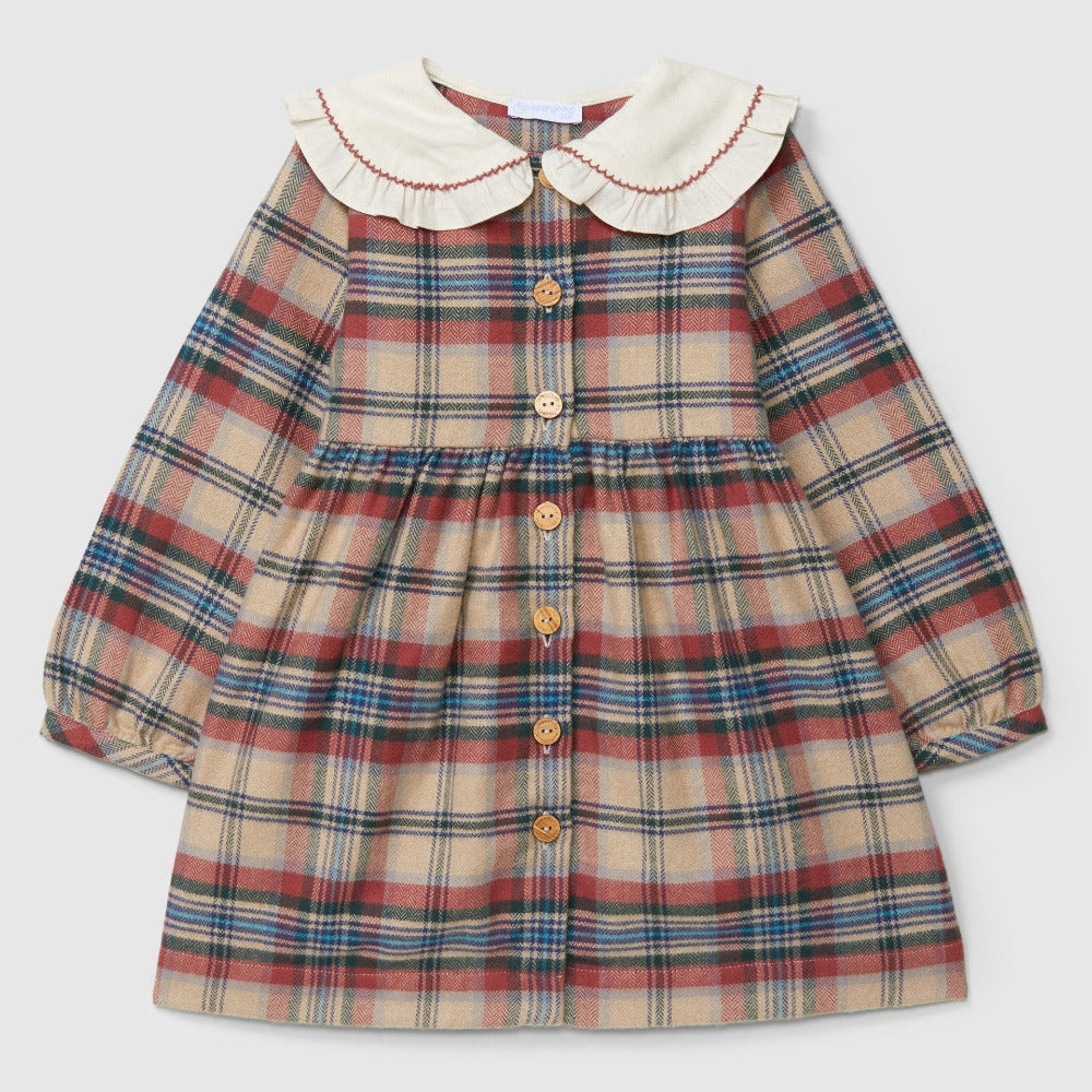 Vestido xadrez com gola de folho - LARANJINHA