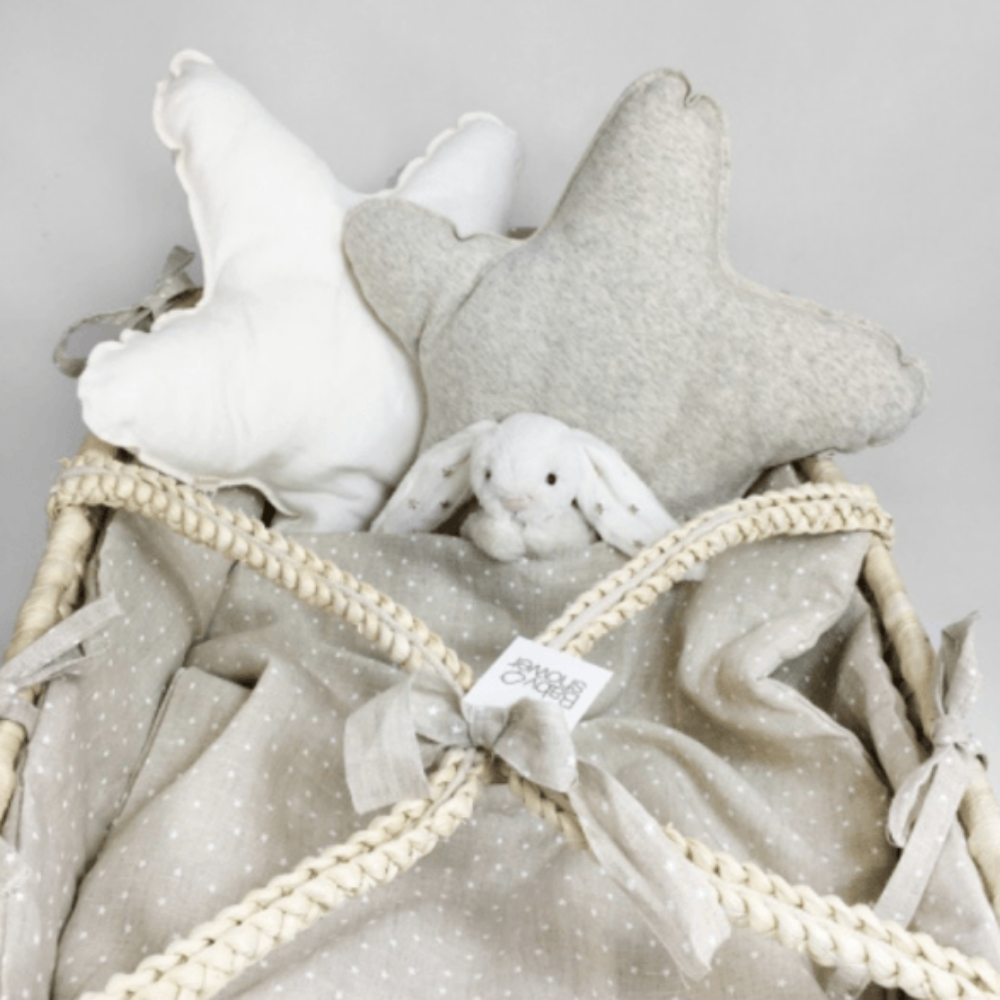 Conjunto alcofa em vime e texteis de algodão orgânico - BabyShower