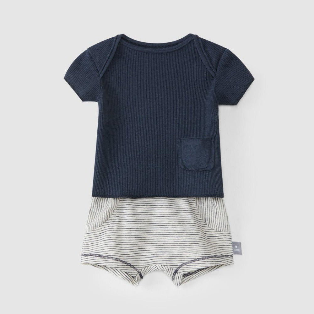 Kit t-shirt e calções riscas em algodão orgânico - Snug - chuvadeamor